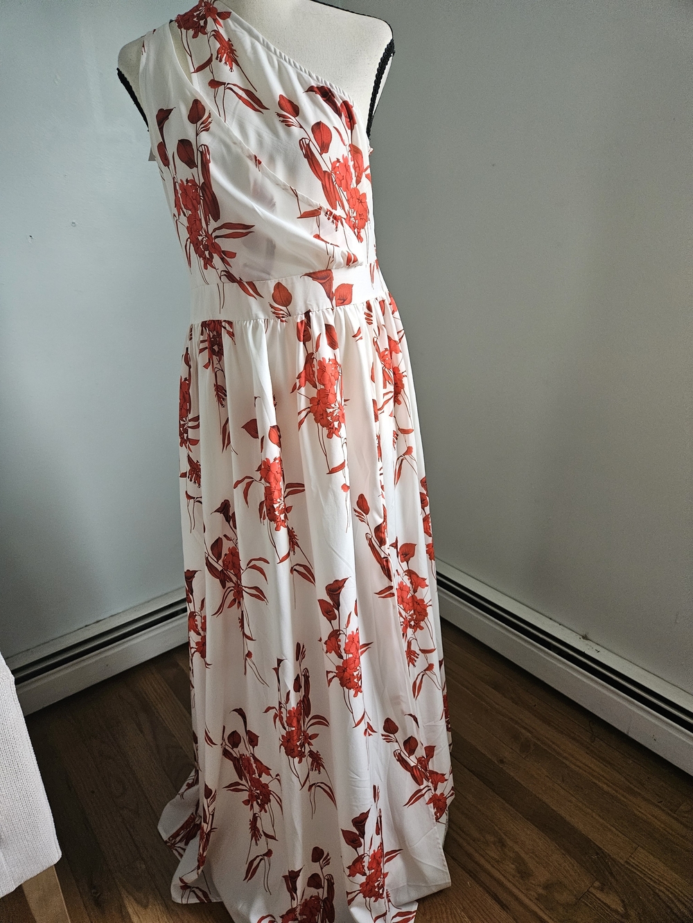 One-Shoulder White Maxi Dress with Red Floral Motif. Christmas Dress